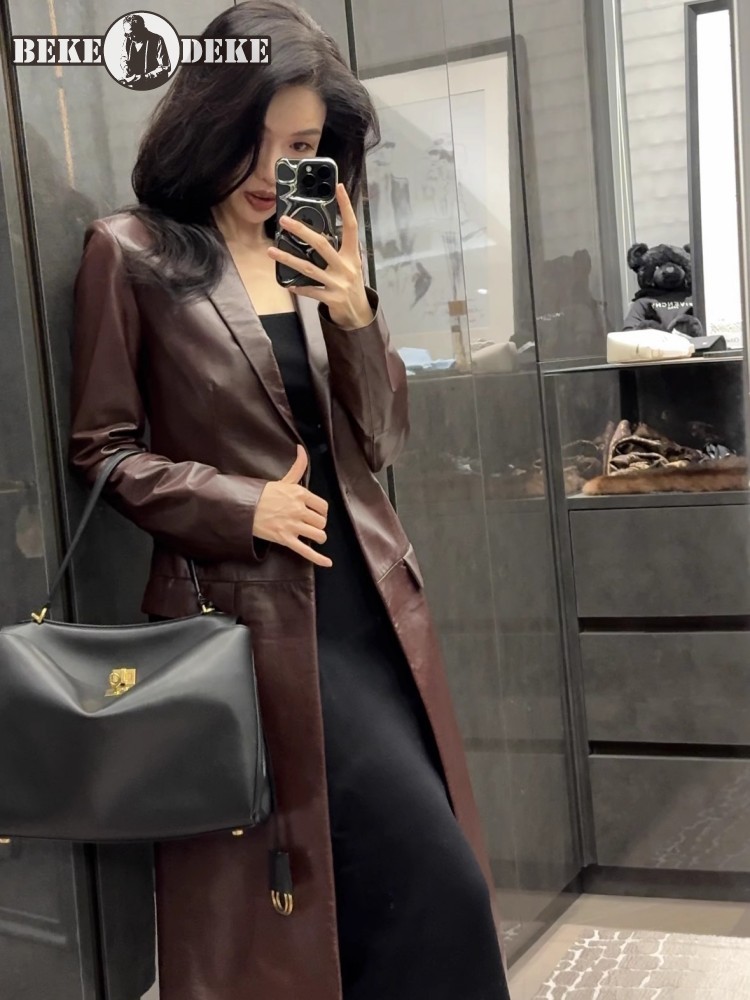 Leather Work Jacket Women'S - سترة نسائية إيطالية طويلة من جلد