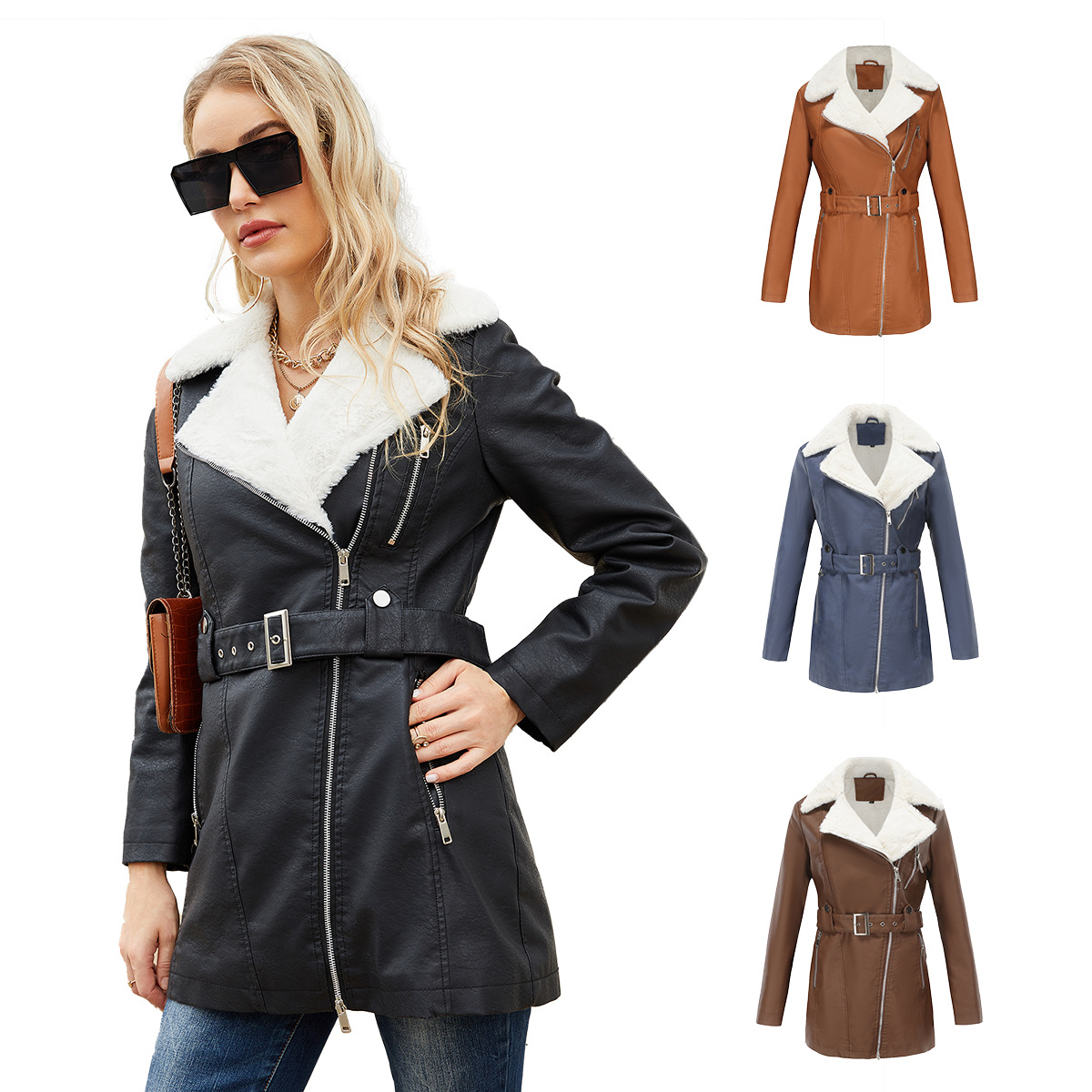 معطف جلد صناعي مع حزام للنساء  - مراجعة Leather Work Jacket Women'S وسعره