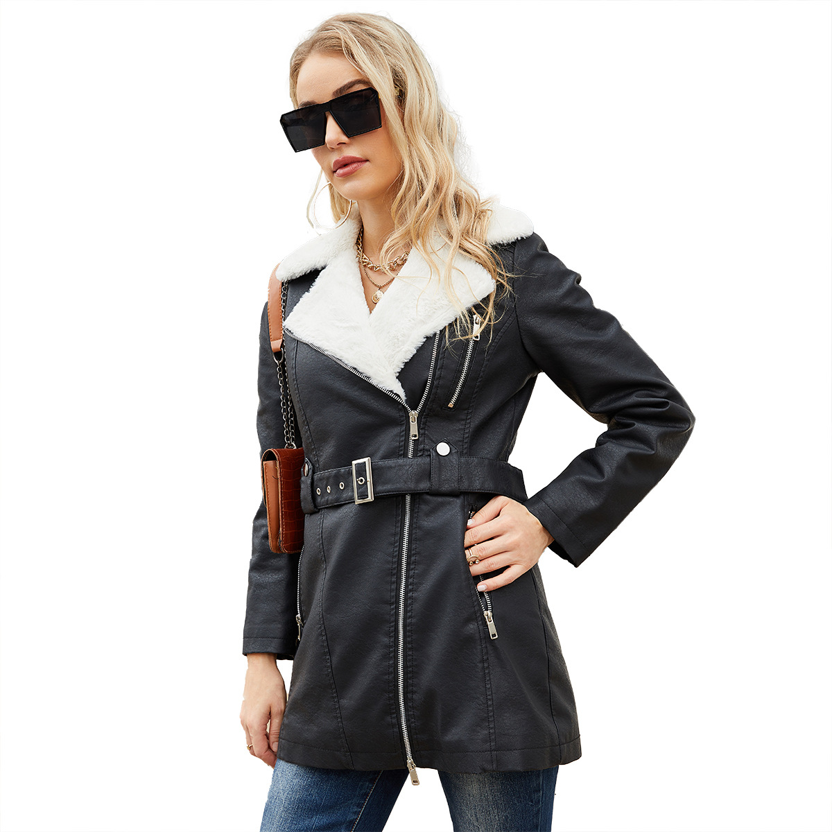 معطف جلد صناعي مع حزام للنساء  - مراجعة Leather Work Jacket Women'S وسعره